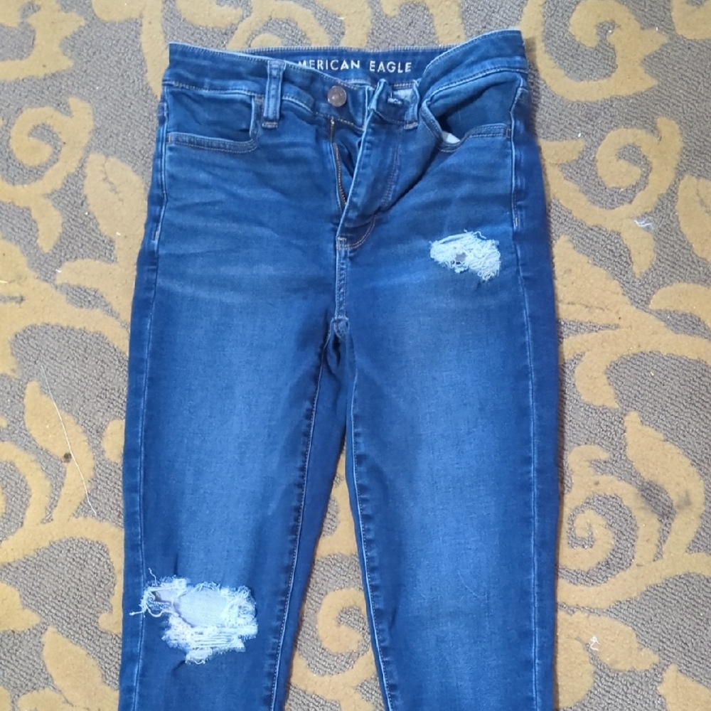 American Eagle Outfitters Women's Dark Blue Ripped Skinny Jeans
